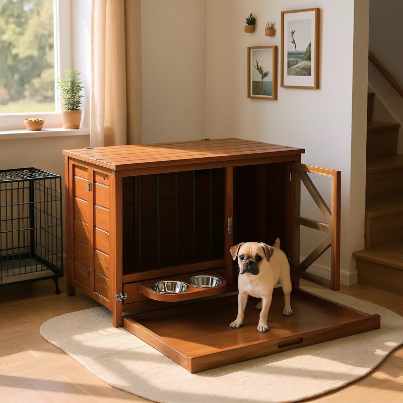 Cage pour chien 33 po en bois massif avec mangeoire rotative à 360 °, multifonctionnel pour les animaux de compagnie et la maison, facile à nettoyer