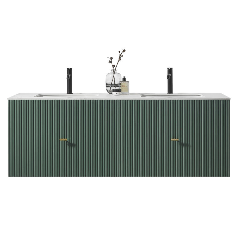 Meuble-lavabo mural moderne Jamell, Vert forêt, Blanc