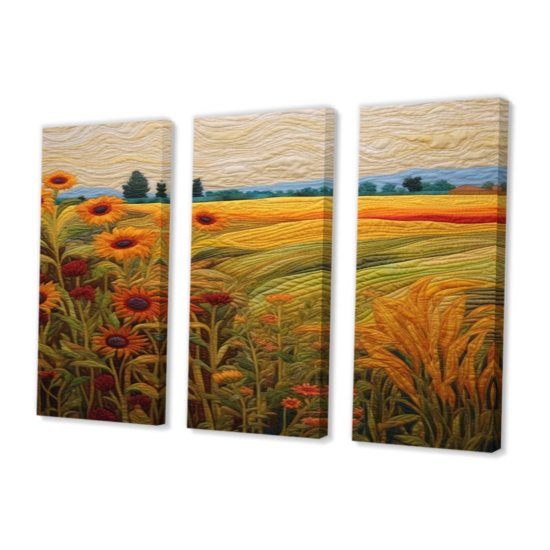 Tournesols par le pré vert - ensemble de décoration murale prairie, Toile tendue, H 32 po x l 48 po x P 1 po