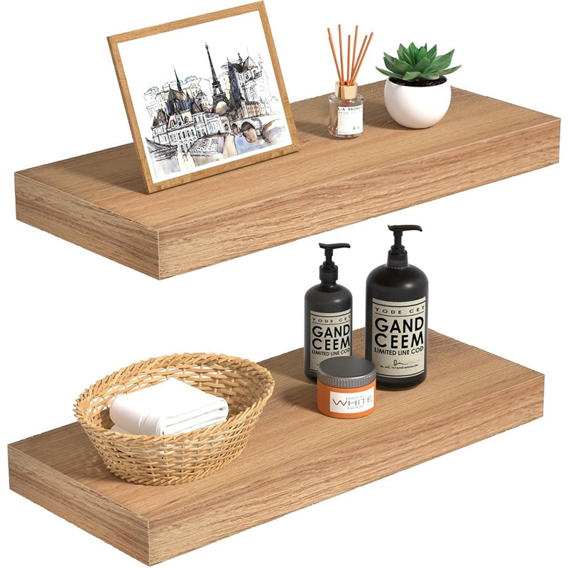 Floating Wall Shelves Set Of 2, 15.7" Wood Shelves For Storage & Decor, Oak