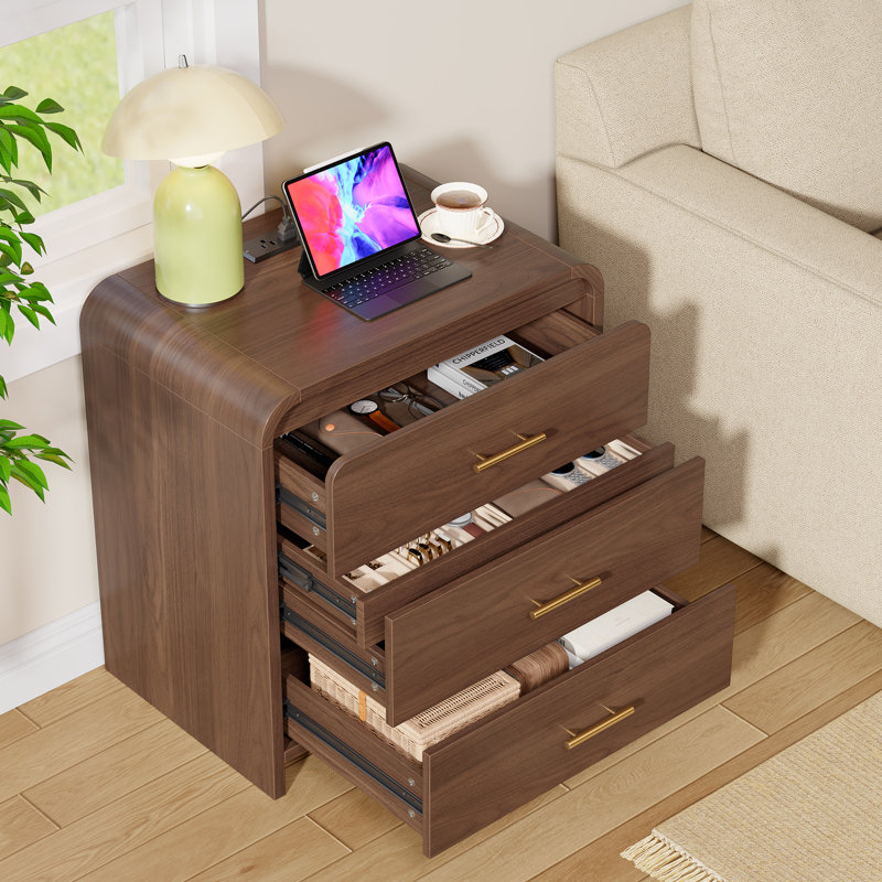 Ensemble de 2 tables de chevet 3 tiroirs avec rangement caché, table de bout moderne Mid-Century d'une largeur de 21,6 po, table de chevet en bois à profil courbé pour la chambre à coucher, noyer