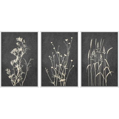 Minimal Botanical "Black Gray Plant Floral Botanical Artwork, Modern Abstract Neutral Wall Pictures, Framed Canvas Giclée Print 3 Pieces Wall Art" 16"x24"x3 pcs, 24"x36"x3 pcs