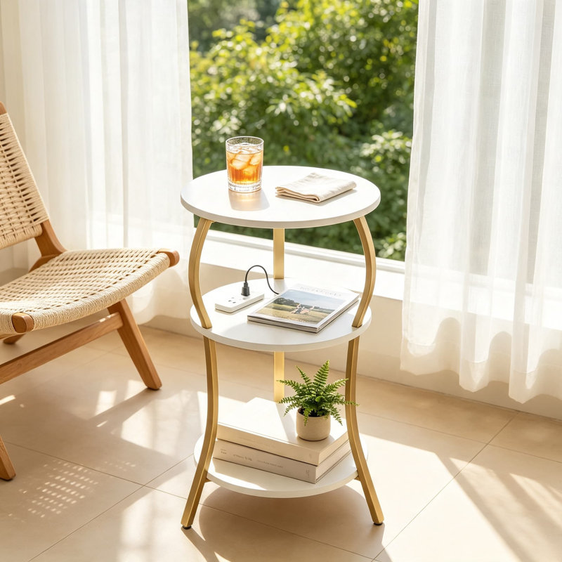 Petite table d'appoint ronde avec station de charge, table de bout à 3 niveaux avec tablettes de rangement, table basse d'appoint compacte pour le salon, la chambre à coucher et les petits espaces, finition blanche et dorée