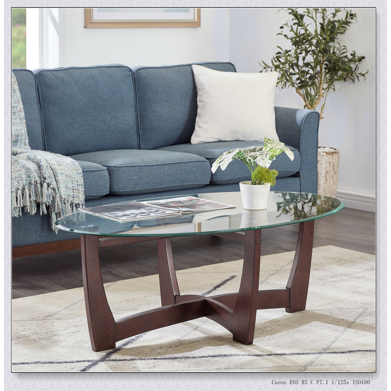 Table basse 48 po ovale en verre avec plateau trempé, structure en bois robuste pour un décor moderne et traditionnel