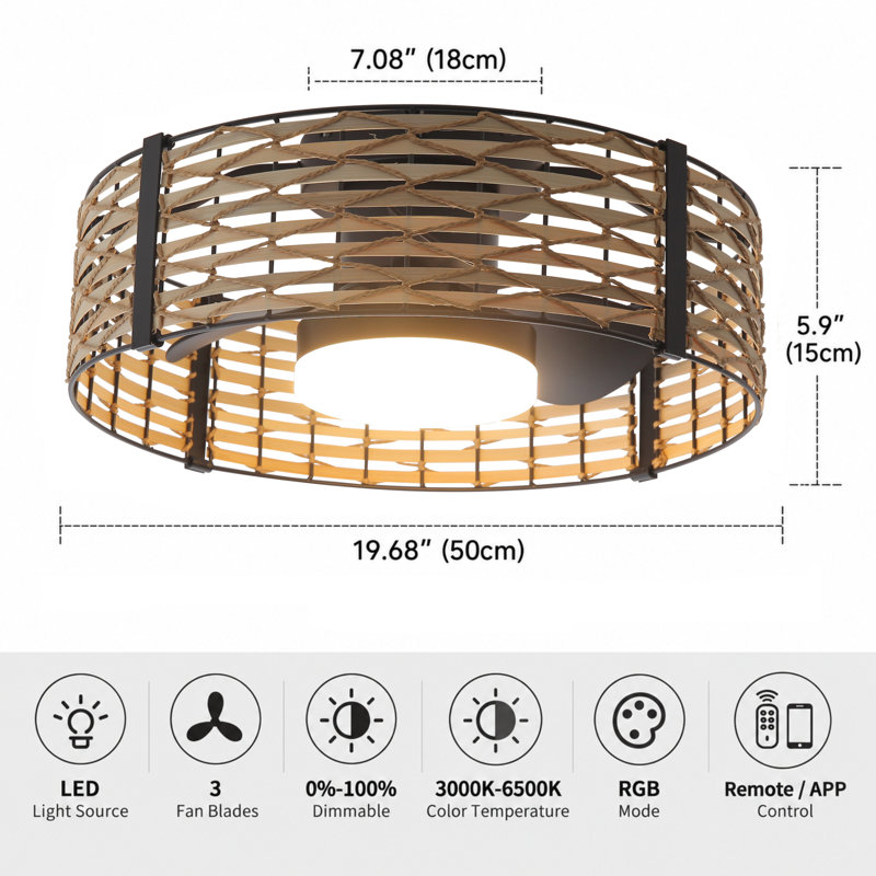 Aquila 20" Bamboo Rattan Farmhouse Caged LED Dimmable RGB Ceiling Fan With Light And Remote Control, Natural Wood