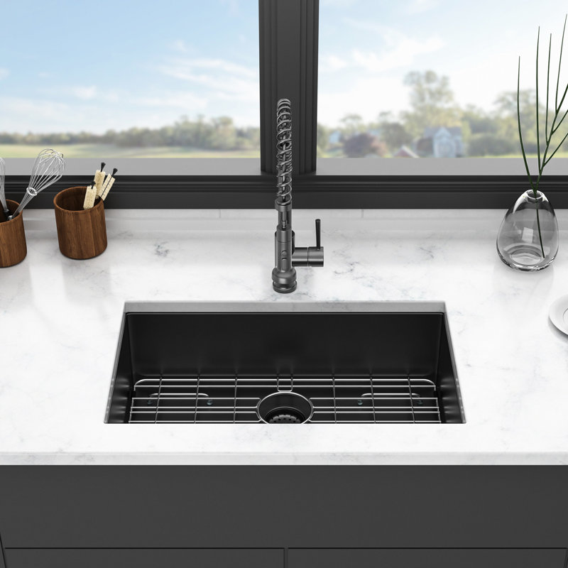Évier encastré de 30 po en acier inoxydable noir de calibre 16, avec grille de séchage pliable et ensemble de drain encastrable noir de 30 po x 18 po x 10 po, évier simple ultra profond pour une fonctionnalité améliorée
