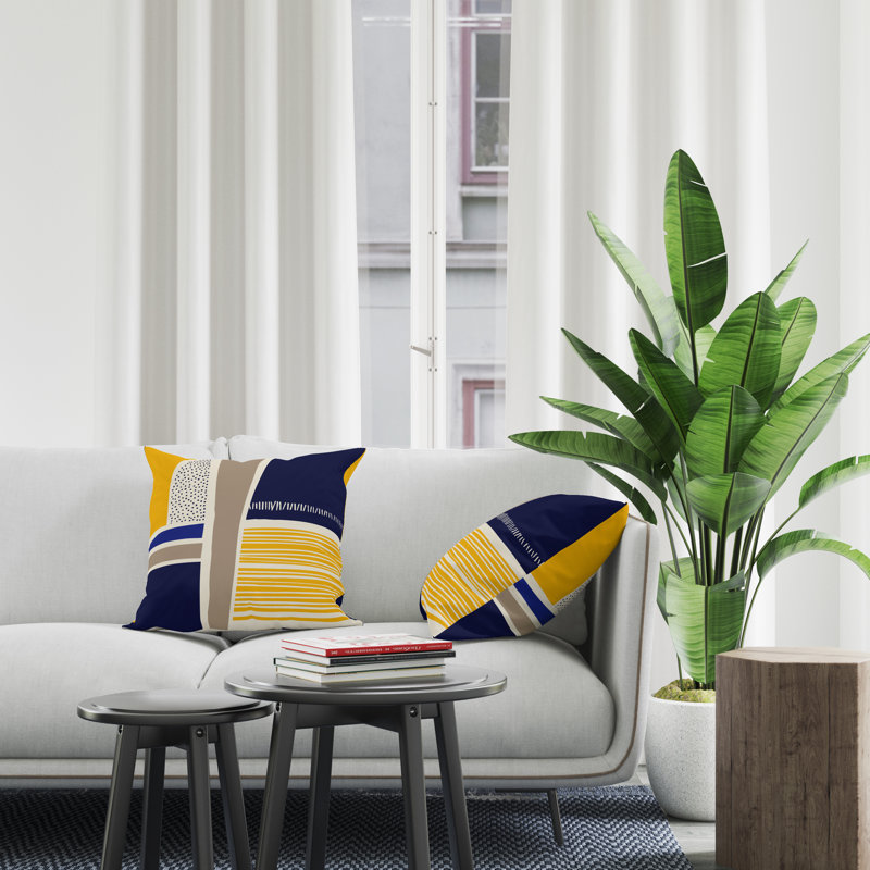 Jeté carré en polyester intérieur / extérieur, L 17 po x H 17 po, Jaune / Bleu Marine