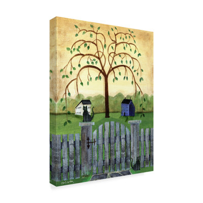 «Country Cats Under Willow Tree» par Cheryl Bartley, reproduction d'art sur toile tendue en vert / jaune / brun clair