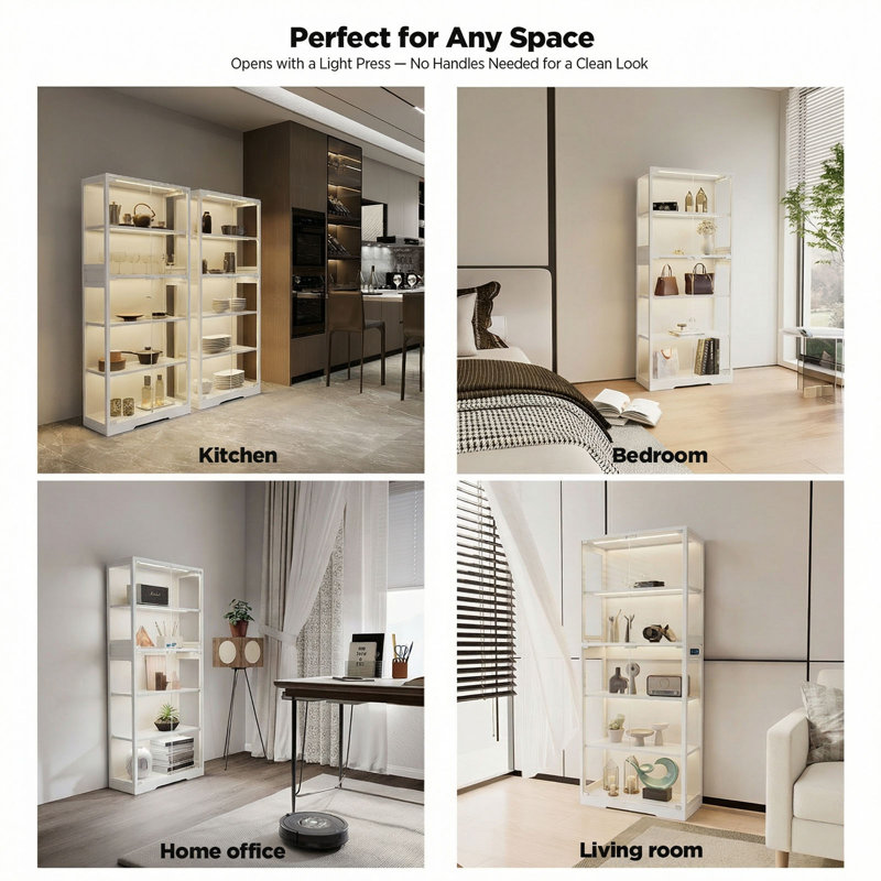 5 Tier Glass Display Cabinet, Curio Cabinet, Dining Cabinet, Bookcase With Adjustable LED Lights, Human Sensor, White