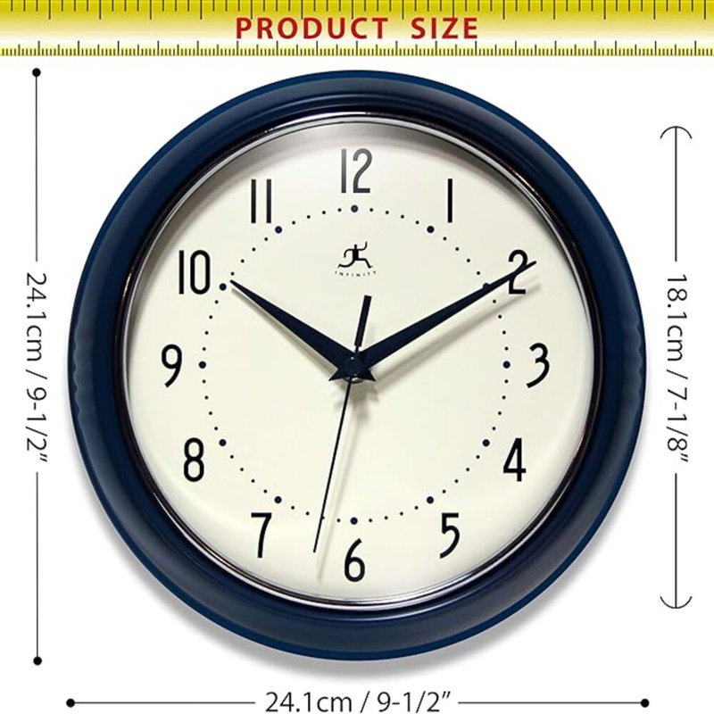 Horloge murale d'intérieur ronde de 9,5 pouces Infinity Instruments, bleu marine