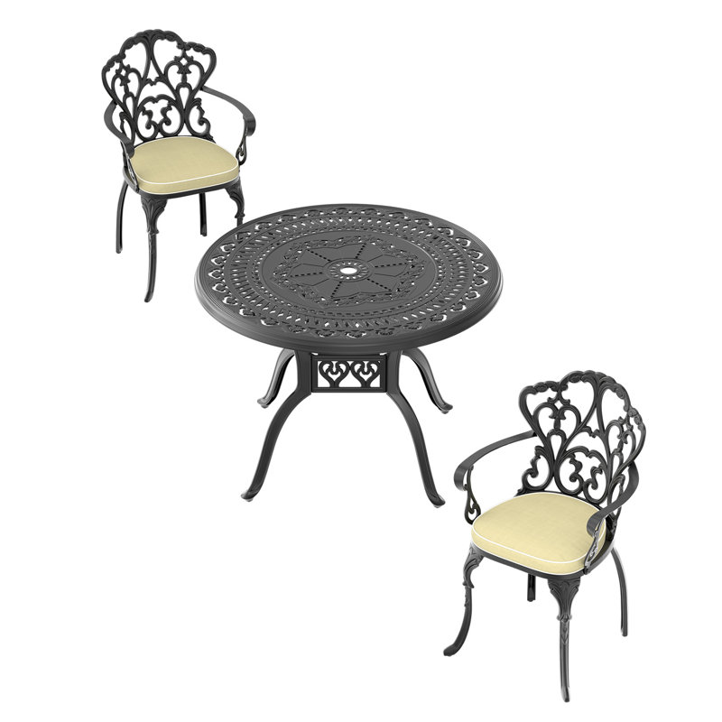 3-Piece Bistro Dining Set, 39.37" Round Table with Umbrella Hole & 2 Armchairs with Beige Cushions, 2