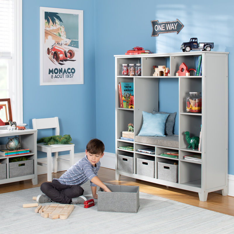 Gray Kids' Storage System with Cushioned Reading Nook and Fabric Bins