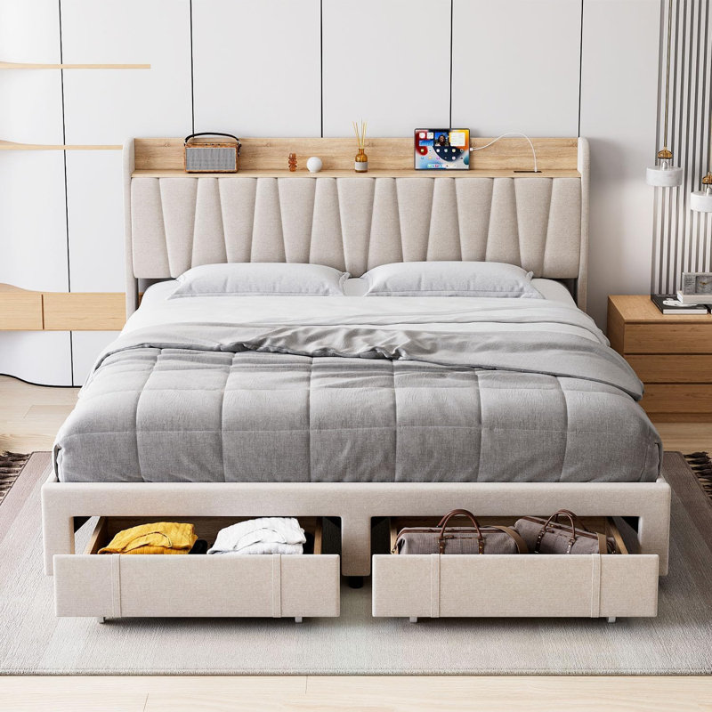 Upholstered Bed Frame with Headboard, Platform Bed with Storage Headboard, Charging Station, Metal Drawers, Wooden Slats