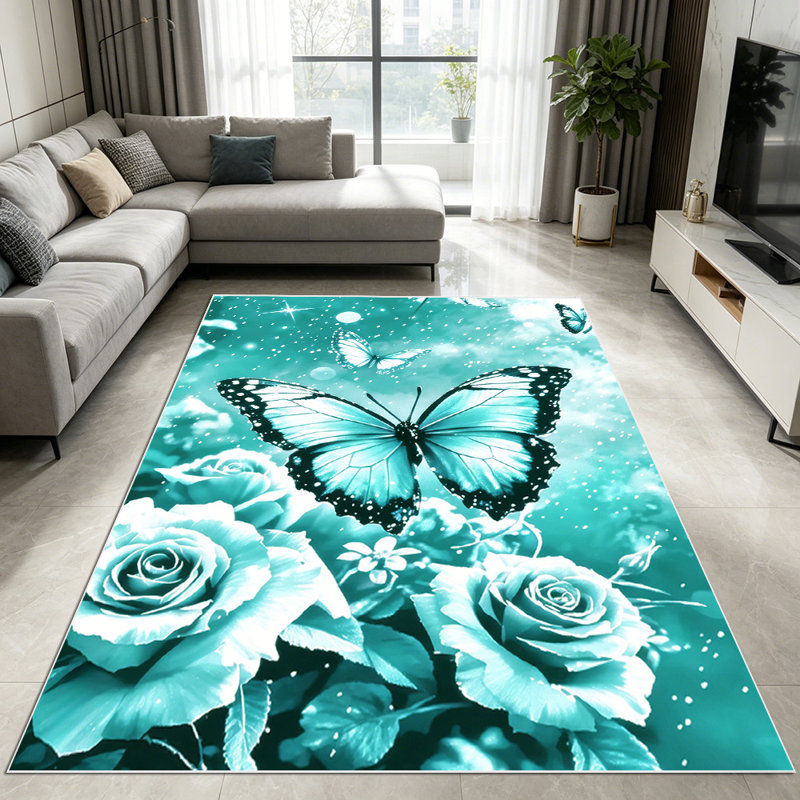 Tapis de jardin 1 pièce Sparkling Teal Butterfly Rose, Rectangle 6 pi 8 po x 10 pi