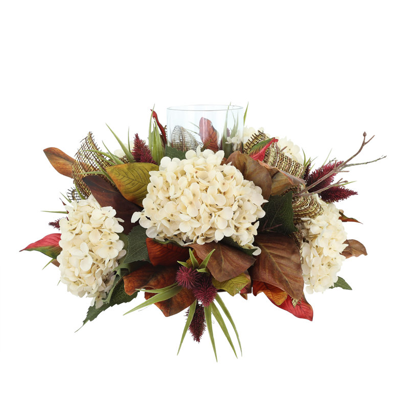 Fall Candleholder Centerpiece with Hydrangeas and Thistle