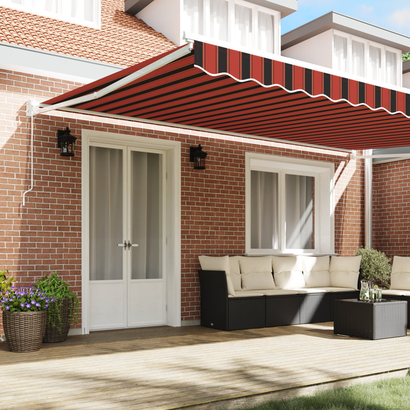 Brayden Studio Retractable Patio Awning, 500 cm W x 300 cm D, Orange/Brown Striped