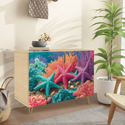Buffet Buffet avec rangement Étoile de mer vibrante colorée de récifs coralliens avec 2 portes pour le salon et la cuisine