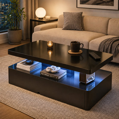 Modern High Gloss Coffee Table With Led Light, Double-Layer Lighted Cocktail Table for Living Room Small Apartment Home Decor