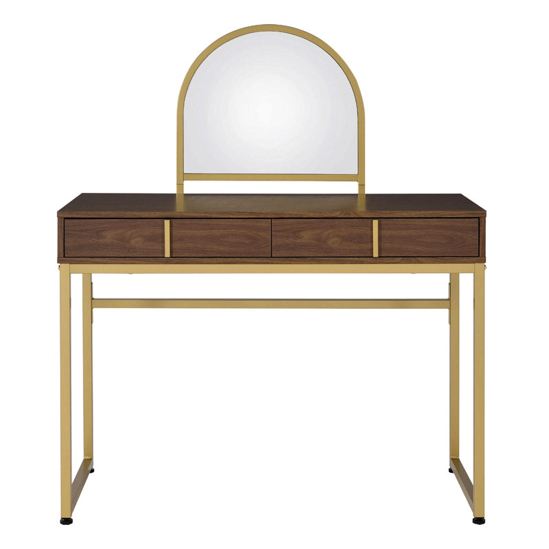 Bureau de coiffeuse 2 tiroirs avec miroir et plateau à bijoux, noyer et or