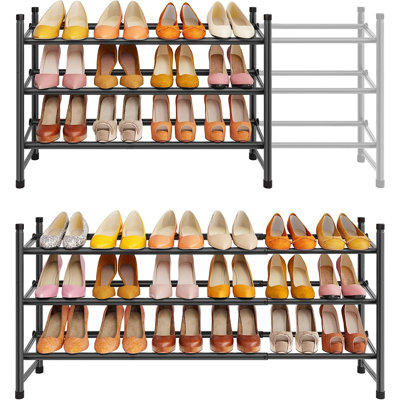 3-Tier Expandable Shoe Rack Organizer, Adjustable 28–41" Wide, Stackable, Black