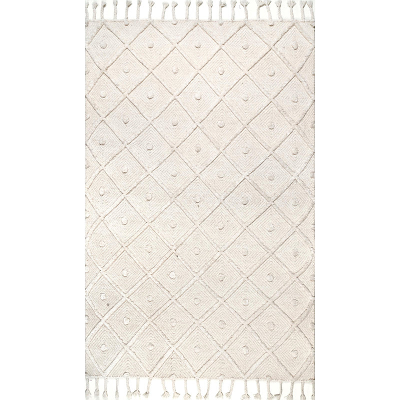 Whigham Moroccan Wool Tasseled Handmade Off-White Rug, Rectangle 6' x 9'