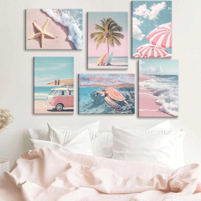 6Pcs Pink Summer Beachy Wall Art Fresh Pink Tropical Ocean Art Print Beach Chairs Starfish Surfboard Palm Tree Wall Decor Retro Coastal Canvas Picture Bus Van Canvas Painting For Bedroom Framed