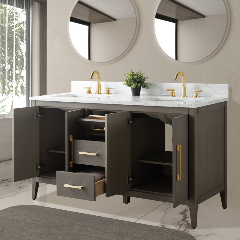 Ensemble de meuble-lavabo double 60 po, Or brossé, Bois flottant gris