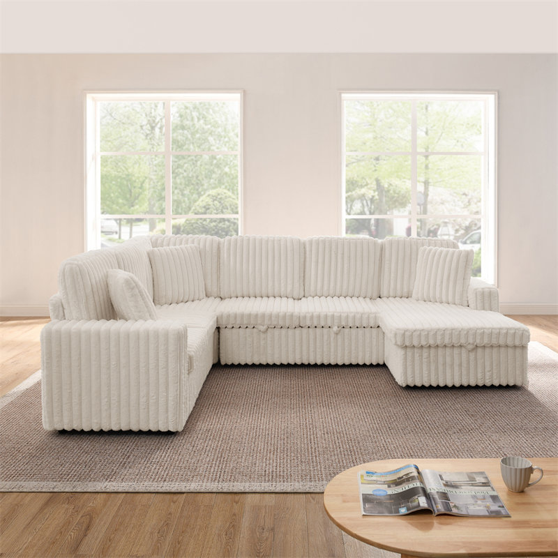 114" U-Shaped Sectional with Storage, Beige Corduroy