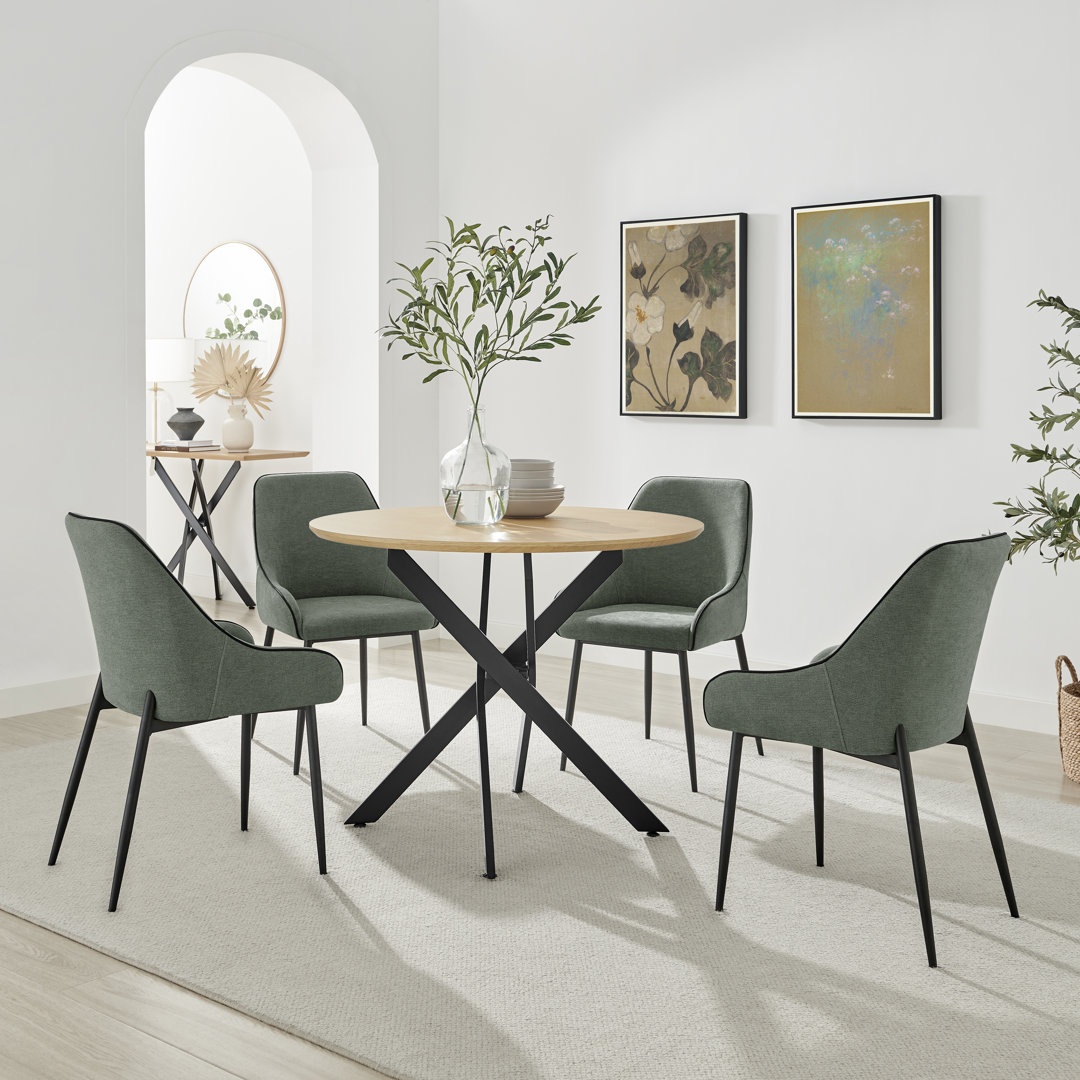 Hadlow Veneer & Metal Round Dining Table With Ophelia Fabric Chairs - Modern Statement Design