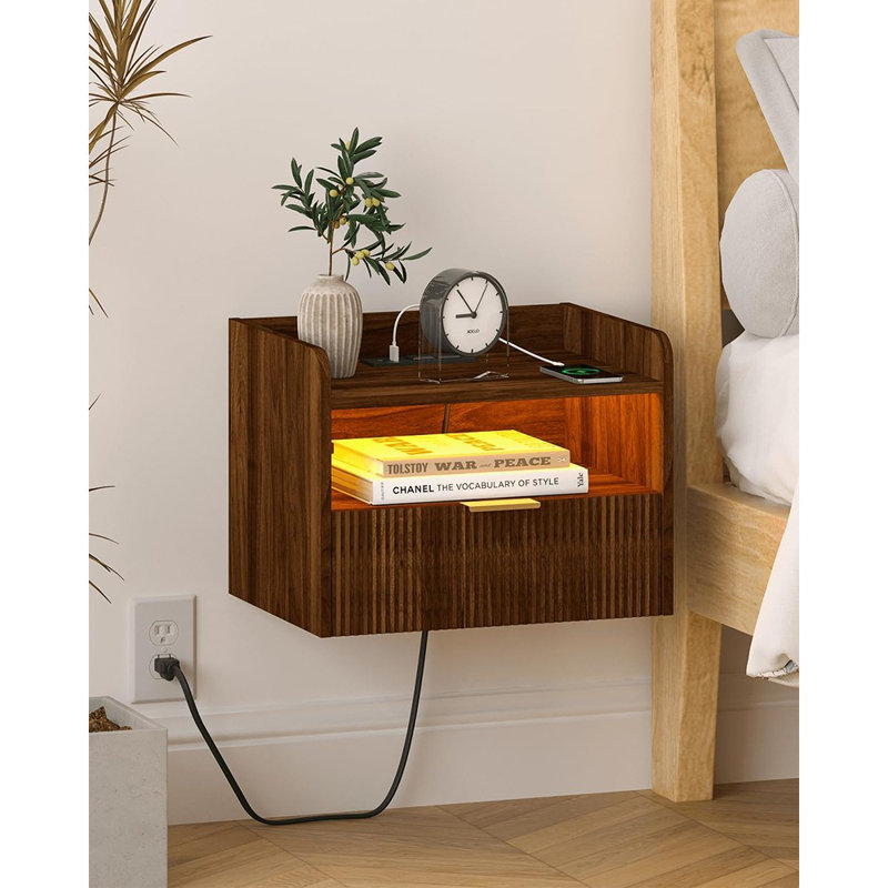 Table de chevet flottante avec station de charge et lumières DEL (brun noyer)