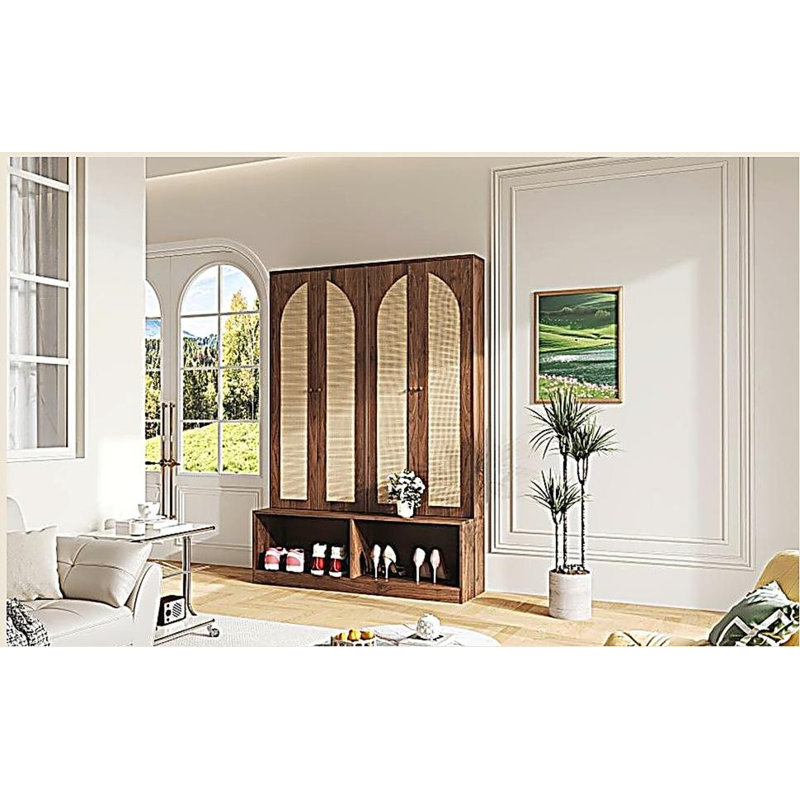 Hall Tree with 4 Rattan Doors, Versatile 4-In-1 Seating Bench with 6 Hooks, Mid-Century Entryway Shoe Cabinet with Adjustable Shelf
