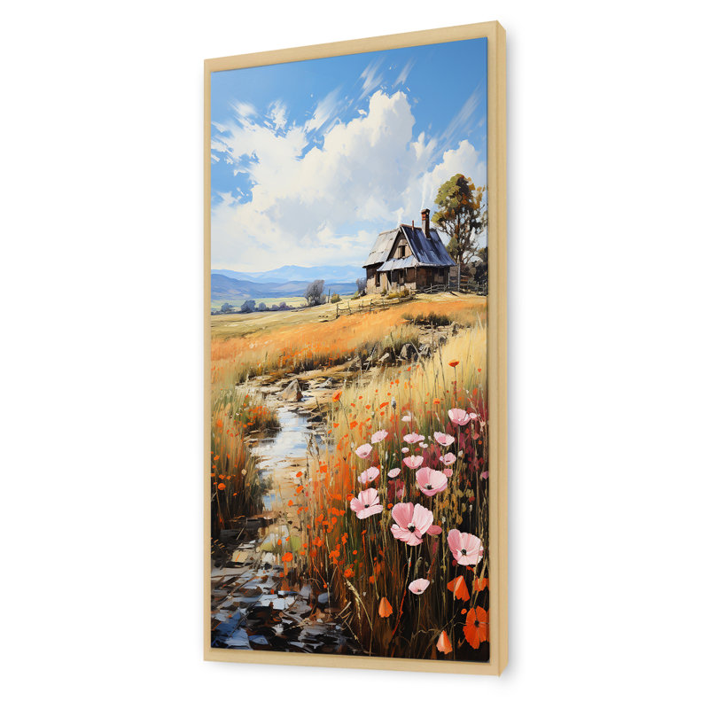Meadow Cottage At The Pond 1 - Art mural paysage, Cadre flottant brun, H 60 po x l 28 po x P 1,5 po