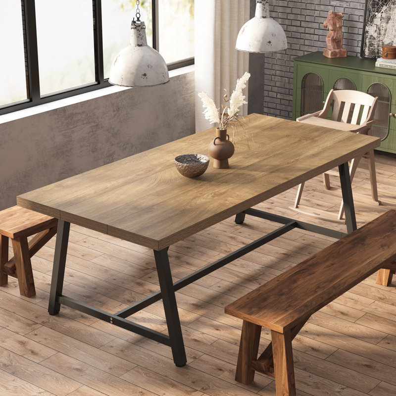 Baeumel 70.87'' Rectangle Dining Table for 6-8, Wood Kitchen Table with Strong Metal Frame, Light Brown/Black