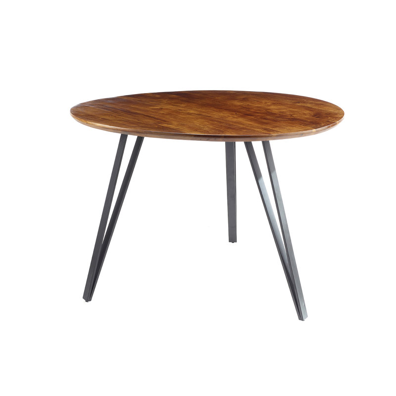 Molucca Round Solid Wood Top Metal Base Dining Table, Dark Oak