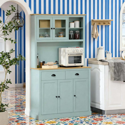 Buffet de cuisine autoportant avec huche et tiroirs bleu clair Pantry