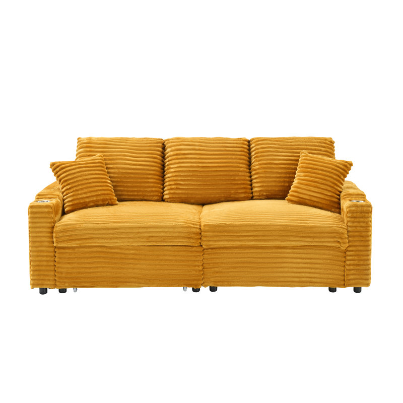 (La section principale gauche du canapé) Canapé multifonctionnel en velours côtelé 80 po avec inclinaison cachée, conception peu encombrante, accoudoirs, porte-gobelets et repose-pieds amovible, orange