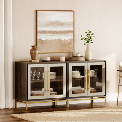 16" Deep Glass Sideboard Cabinet With Leather Doors