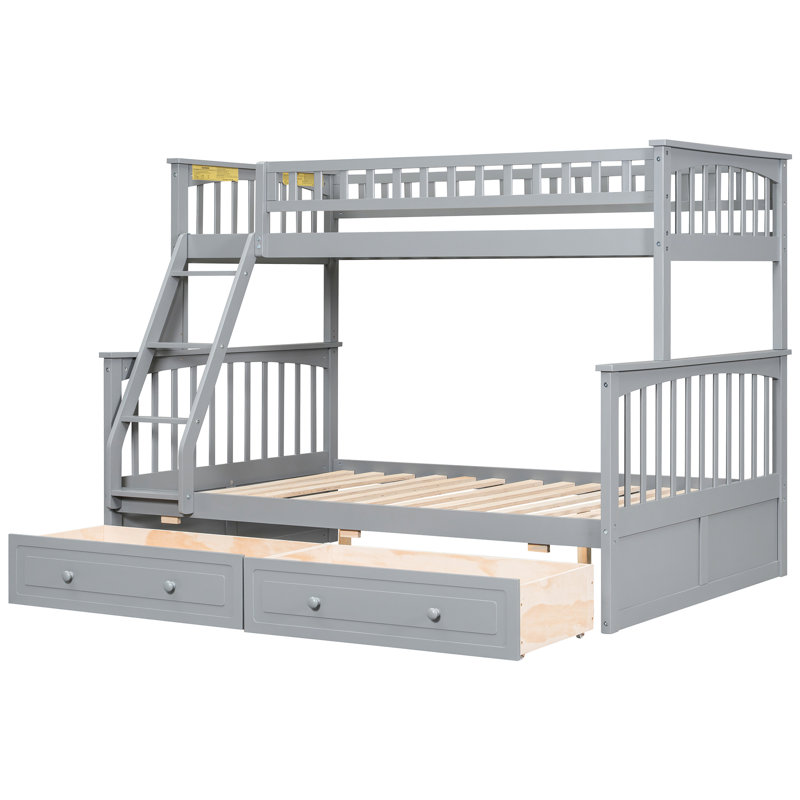 Lit superposé simple au-dessus d'un lit double avec tiroirs, gris et convertible, bois de pin, garde-corps sécuritaires, structure solide convertible facile à assembler, rails en forme de clôture