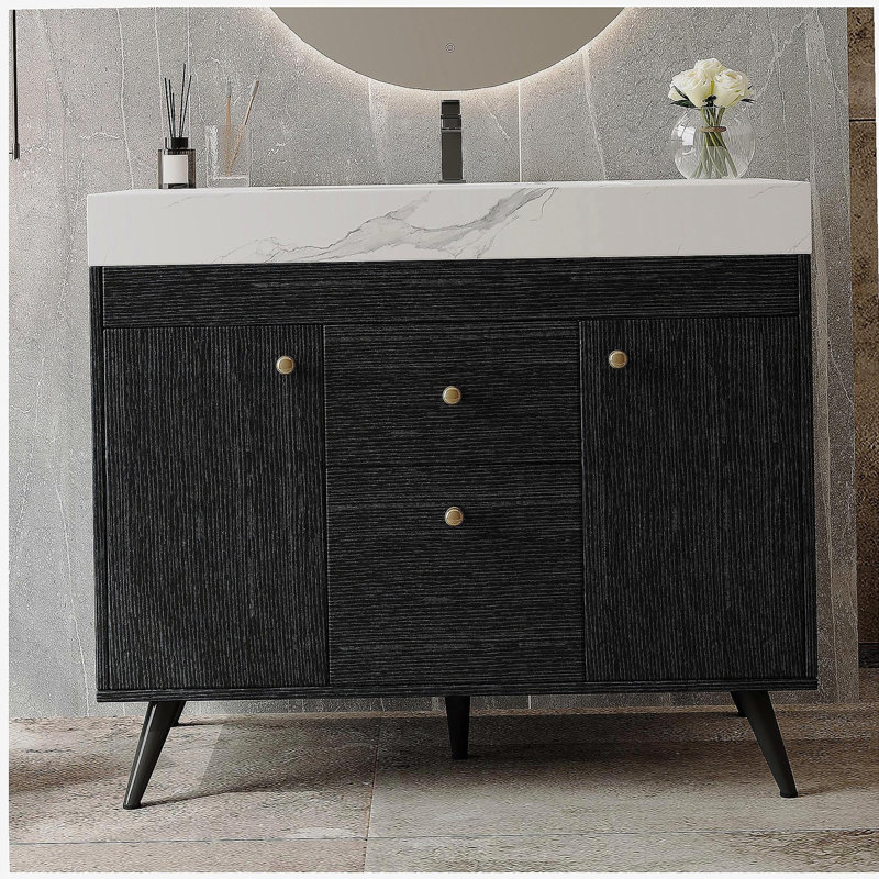 36" Modern Freestanding Bathroom Vanity with Sintered Stone Top, Ceramic Sink & Smart Storage, Black