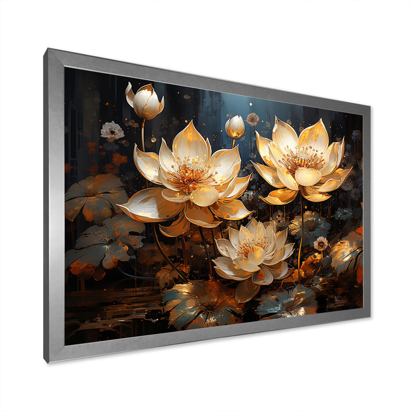 Golden Lotus Tranquility III sur toile, Cadre simple argenté, H 34 po x l 44 po x P 1,5 po