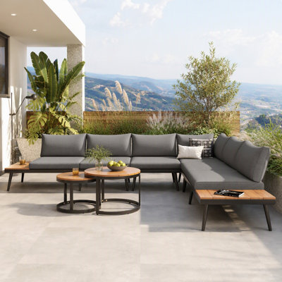 6-Piece Outdoor Sectional Sofa Set with Round Nesting Coffee Tables and Seating Sofa with Cushions for Patio, Porch and Garden
