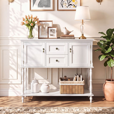 Console Table with 2 Drawers & 2 Door Cabinets, Open Storage Shelf for Living Room