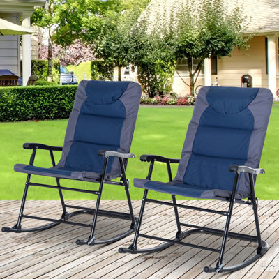 2 Piece Folding Patio Rocking Chair , Outdoor Furniture In Navy Blue, For Porch, Camping, Balcony, With Ergonomic Design Blue 2 Furniture, Foldable Comfort Seat Back