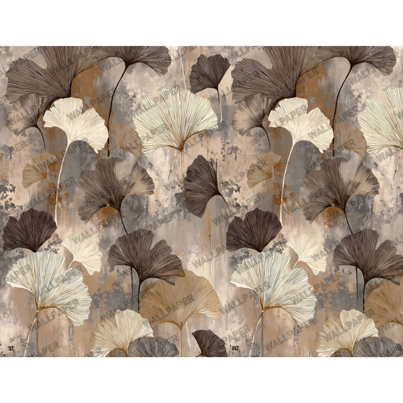Papier peint feuille de ginkgo beige et brun avec motif botanique abstrait délavé, L 480 po x l 60 po, Peel & Stick