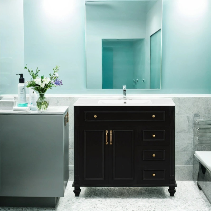 Meuble-lavabo de luxe 36 po - 3 tiroirs rabattables et 3 tiroirs à fermeture en douceur, armoire en bois massif et en bois aggloméré avec quincaillerie dorée
