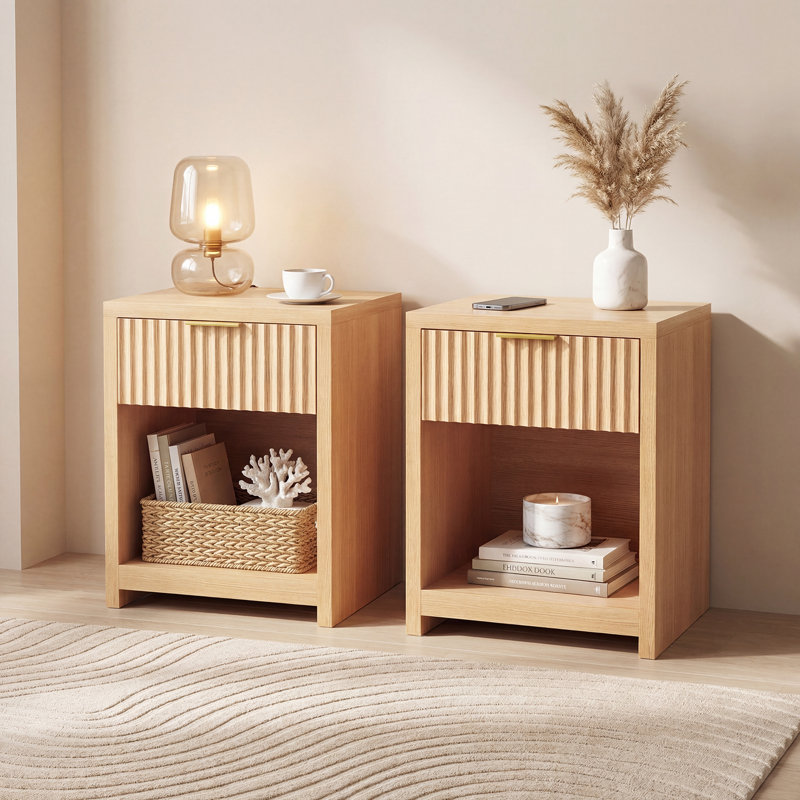 Fluted Nightstand Set of 2, Modern Mid-Century Bedside Table with Thickened Board, Silent Glide Drawer & Gold Metal Handles, Large Wide End Table for Bedroom Living Room Office, Natural Oak