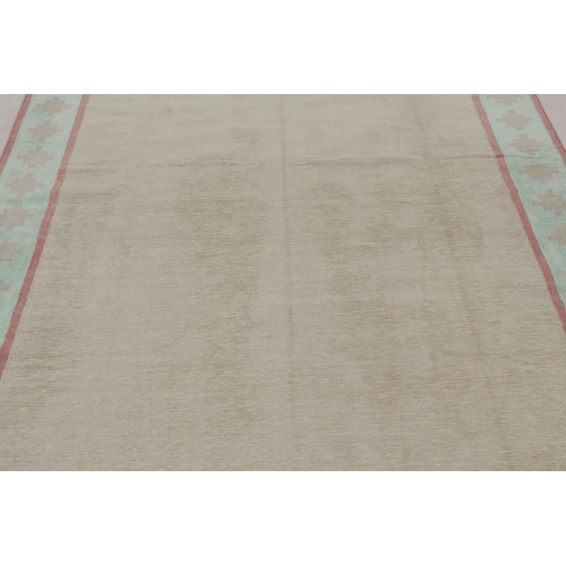 Rug & Kilim’S Contemporary Dhurrie Rug In Beige With Light Blue And Rose Border