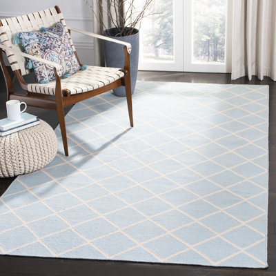 Rodgers Hand Woven Flat Weave Wool/Cotton Geometric Rug in Light Blue/Ivory