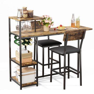 Space-Saving 3-Piece Dining Table Set for 2 – Bar Table with Storage Shelves, Wine Rack & PU Leather Bar Stools – Breakfast Nook Furniture for Apartment, Home, Brown, Classic Color