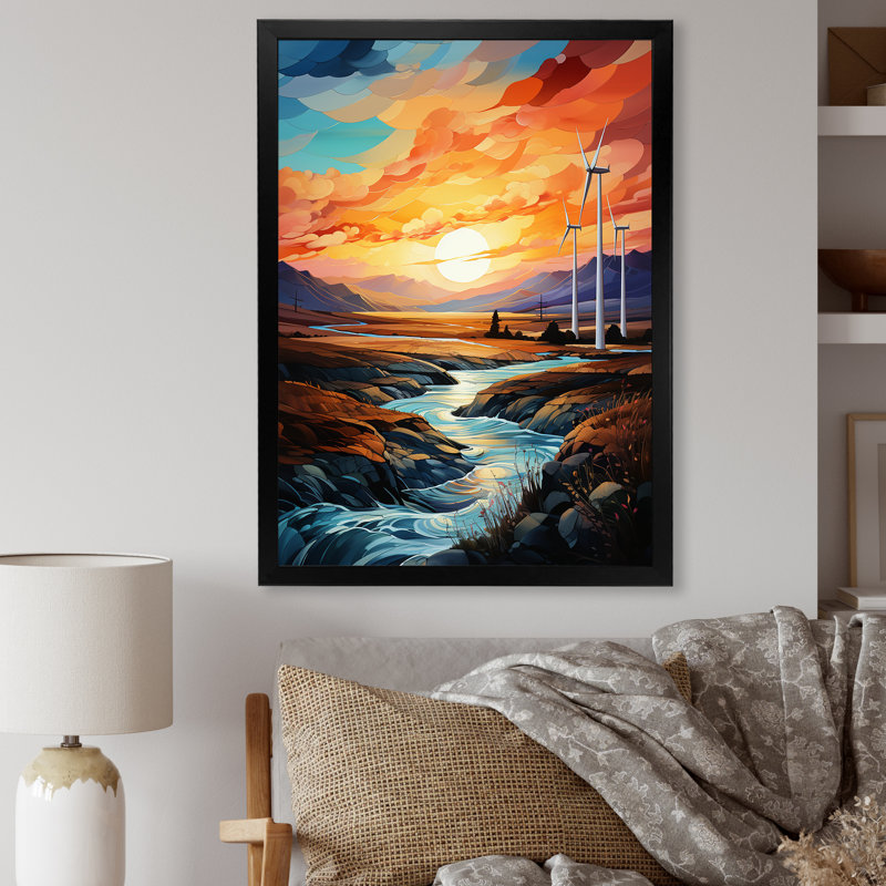 Wind Turbines Sunrise Valley I sur toile, Cadre simple noir, H 20 po x l 12 po x P 1 po